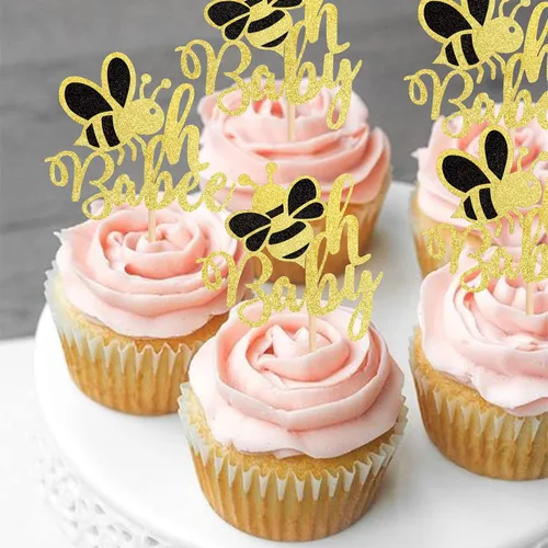 Miniatura 4 de 24 piezas de adornos para cupcakes Bee Oh Baby con purpurina dorada Bumble Bee Oh Babee, palillos para cupcakes con tema de bumble bee para baby