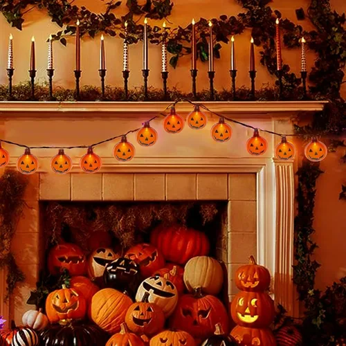 Miniatura 5 de Luces LED de calabaza de Halloween para exteriores, 8.5 pies, luces decorativas de Halloween con 10 luces LED transparentes de calabaza naranja