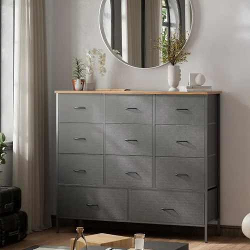Miniatura 3 de VASICAR Cómoda de tela de 43.3 pulgadas de ancho para dormitorio, cómoda con 11 cajones profundos, soporte de TV con múltiples cajones, organizador