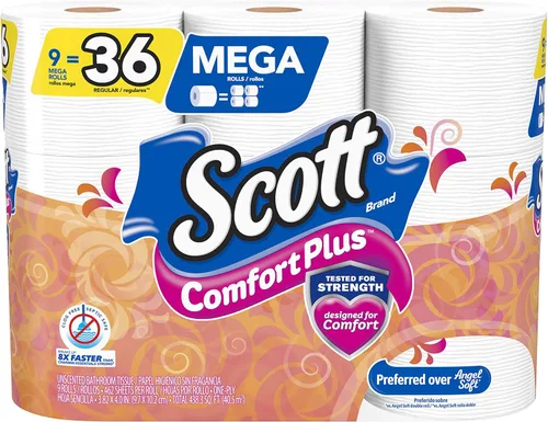 Miniatura 23 de Scott ComfortPlus - Papel higiénico con tubo perfumado suave a lavanda, 12 mega rollos, 310 hojas por rollo, apto para fosas sépticas, papel