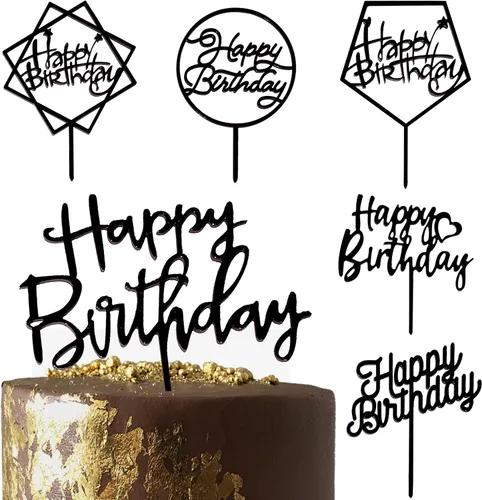 Miniatura 9 de Juego de 6 adornos dorados para tartas, purpurina de doble cara, adornos acrílicos para cupcakes de feliz cumpleaños, decoraciones de cumpleaños