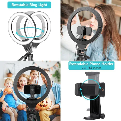 Miniatura 4 de SENSYNE - Anillo de luz de 10 pulgadas con soporte de trípode extensible de 50 pulgadas, luces circulares LED con soporte para teléfono