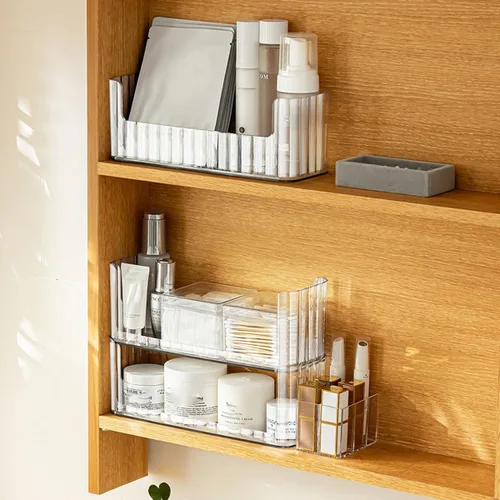 Miniatura 5 de Organizador de estantes de 2 niveles para botiquín, compartimentos para almacenamiento de maquillaje, bandejas de estante para pared de gabinete