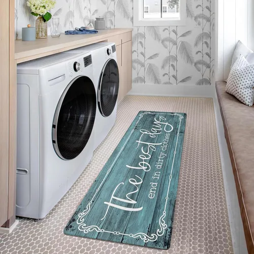 Miniatura 8 de KOZYFLY Alfombra de Corredor para Lavandería de 20"x60", Alfombras Antideslizantes para Cocina, Lavable, Alfombra de Lavandería Impermeable, Cian-01