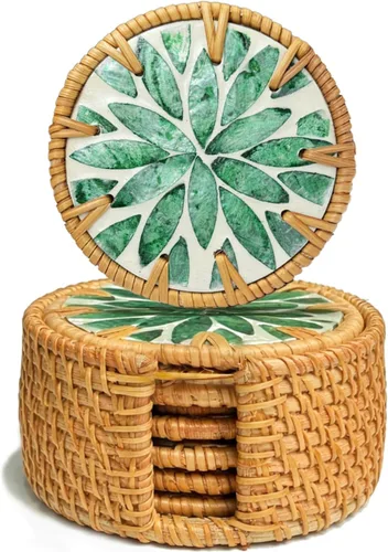 Miniatura 9 de Juego de 6 posavasos de ratán hechos a mano con soporte, posavasos bohemios de mimbre natural, resistentes al calor para bebidas frías y calientes