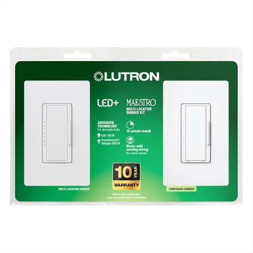Kit de interruptor regulador de intensidad Lutron Maestro LED+ para luces LED, halógenas e incandescentes regulables, 150W/3 vías o ubicaciones