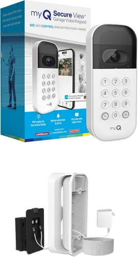 myQ - Teclado inteligente de video para puerta de garaje + kit de adaptador de corriente con cable, con cámara gran angular, códigos PIN