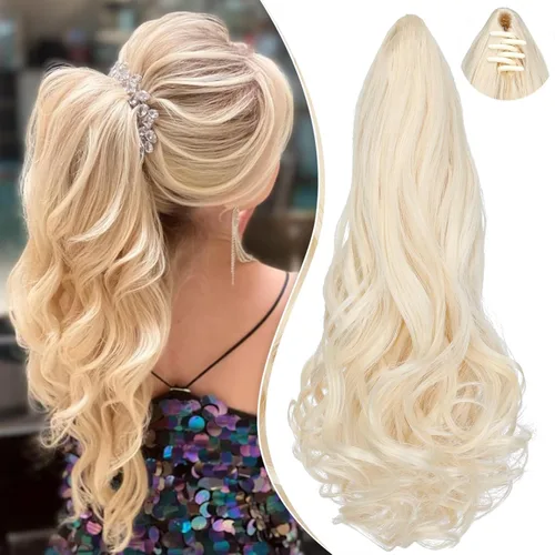 Miniatura 17 de Extensión de cola de caballo de 18 pulgadas, rizado, ondulado, con clip, extensiones de cabello largo sintético para mujer, color marrón claro