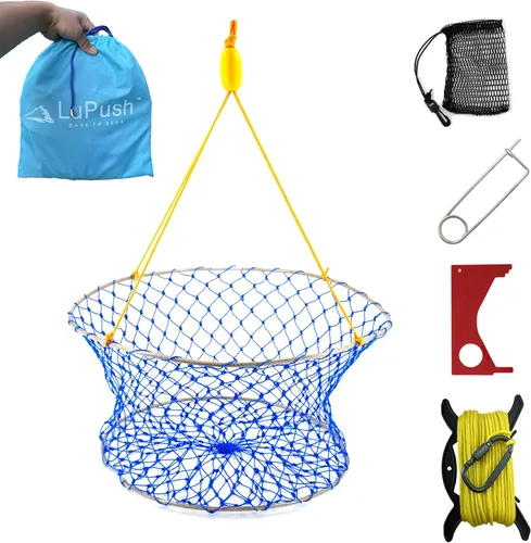 Stainless Collapsible Crab Net with 100ft Rope, Bait Bag, Clip & Ruler – 6 Pieces Portable Crab Trap for Easy Storage – Durable Grid Design for Dock