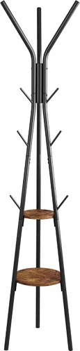 Miniatura 7 de HOMEFORT Perchero, perchero con 2 estantes, árbol de pasillo independiente, colgador de metal para sombreros con 12 ganchos para ropa, sombreros