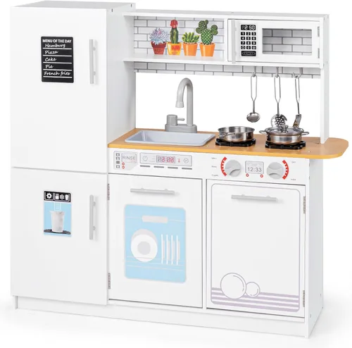 HONEY JOY Juego de cocina para niños, cocina de madera de pequeño chef de simulación con pizarra, gran gabinete de almacenamiento, estufa, grifo,