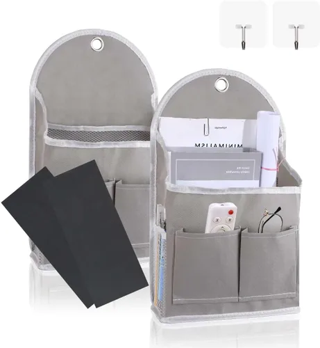 Paquete de 2 bolsas de almacenamiento para colgar en la pared con bolsillos, cesta organizadora de casillero con gancho adhesivo, organizador de Gris