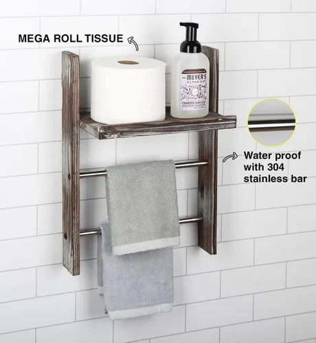Miniatura 6 de J JACKCUBE DESIGN Toallero de pared de madera rústica con estante, escalera de manta para baño, soporte de toallas de mano de cocina, colgador