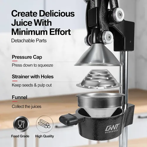 Miniatura 5 de Exprimidor manual de 45,7 cm de altura, comercial, de hierro fundido resistente, para exprimir naranjas, cítricos, limones, limas, pomelo y Negro