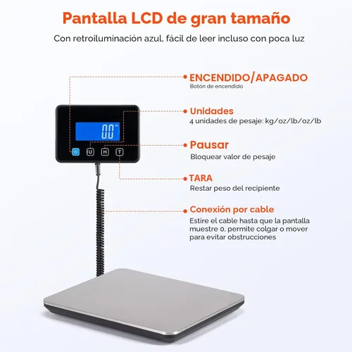 Miniatura 3 de MUNBYN Báscula de envío, báscula postal digital de 440 lb/1.8 oz para paquetes con función de retención/tara, LCD retroiluminado, batería y cable