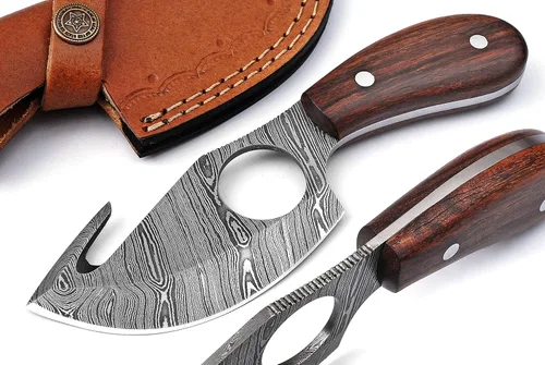 Bushcraft - Cuchillo de caza de hoja fija de acero de Damasco hecho a mano con gancho para vísceras, ideal para caza, pesca de ciervos, senderismo,