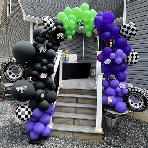 Miniatura 3 de Kit de arco de guirnalda de globos de 145 piezas con temática de camión monstruo morado y verde y negro con ruedas grandes, globos de aluminio a
