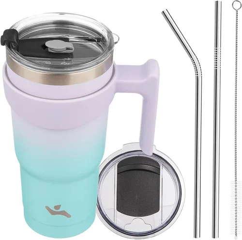 Miniatura 58 de Konokyo - Vaso de 10 onzas con asa y 2 popotes, 2 tapas, botella de agua aislada de acero inoxidable, taza de viaje reutilizable, color verde militar