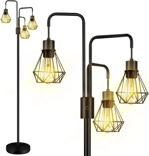 BoostArea Lámpara de Pie Industrial, Pantalla de Lámpara de Diamante de Metal, Lámpara de Pie Moderna con 3 Luces, Bombillas No Incluidas, Lámpara