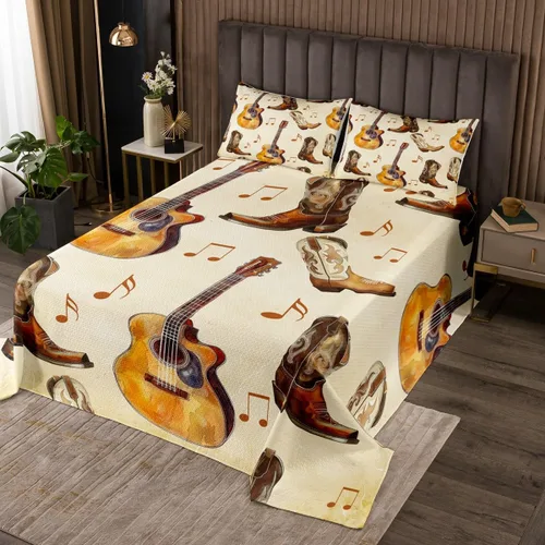 Miniatura 2 de Castle Fairy Cowboy Boots Bedspread Twin Size Bohemia Musical Guitar Coverlet Set Boys Bedroom Present Western Rustic Cowgirl Decor Bedding Set
