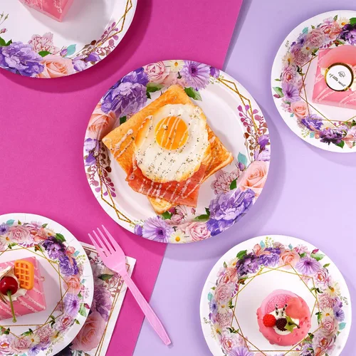 Miniatura 4 de Grencian 96 piezas de suministros de fiesta floral de primavera, platos de papel y servilletas de flores rosas y moradas, juego de vajilla