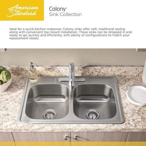 Miniatura 4 de American Standard 22SB.6252283S.075 Colony Top Mount Ada 25x22 Solo Tazón Acero Inoxidable 3 Agujeros Fregadero de Cocina