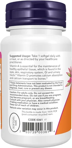 Miniatura 3 de NOW Suplementos, Vitamina A y D3 25,000/1,000 UI, Salud de los Ojos*, Nutrición Esencial, 100 Cápsulas Blandas