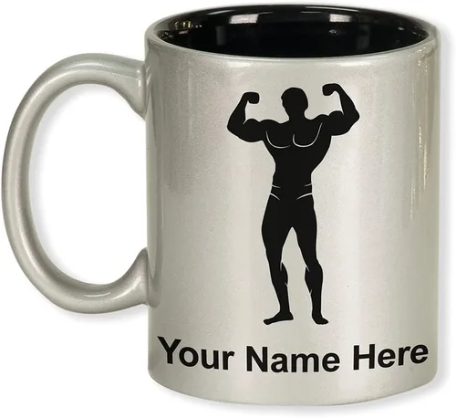 Miniatura 11 de LaserGram Taza de café redonda de cerámica de 11 oz, culturista, grabado personalizado incluido (negro)