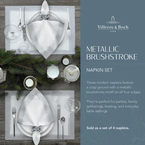 Miniatura 2 de Villeroy & Boch Servilletas metálicas de lino con pinceladas, 21 x 21 pulgadas, juego de 4, color blanco y plateado