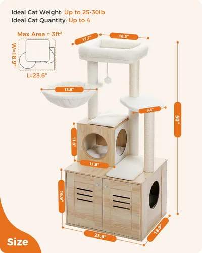 Miniatura 8 de MUTTROS Árbol para gatos con caja de arena, árbol moderno de 50 pulgadas para gatos grandes y gordos con condominio para gatos, muebles de madera