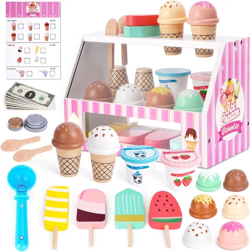 Juguete de helado, juguetes de madera para jugar, tienda de juegos para niños, juego de helado de madera con cuchara, menú, dinero falso, juguetes
