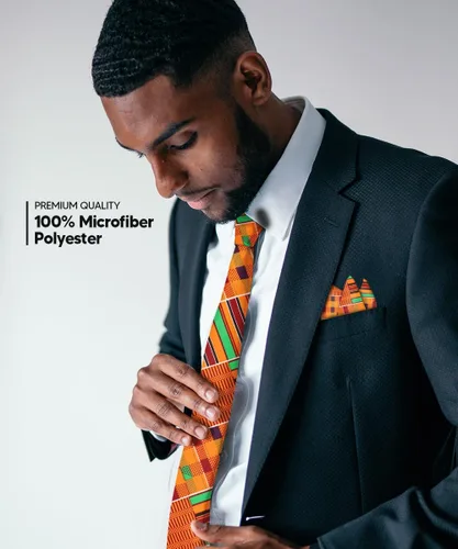 Miniatura 42 de Juego de corbata Kente con estampado africano y animal y pañuelo de bolsillo a juego