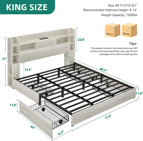 Miniatura 2 de DWVO King Size Bed Frame with Tall Bookcase Headboard and 4 Storage Drawers, RGB LED Bed Frame with Type-C & USB Charging Station Storage Headboard