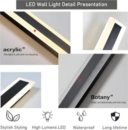 Miniatura 7 de Paquete de 2 lámparas de pared LED modernas de 59 pulgadas, 45 W, impermeable, IP65, blanco cálido, 110 V, lámpara de pared rectangular negra