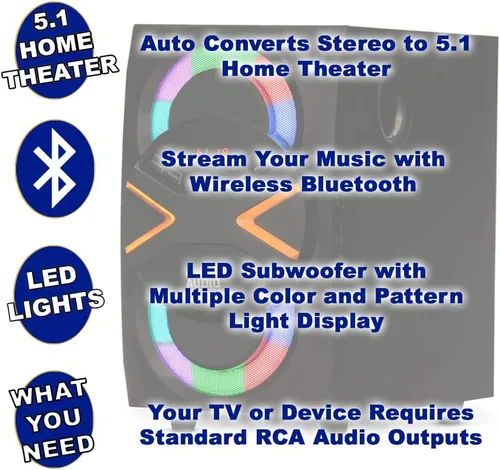 Miniatura 2 de Acoustic Audio by Goldwood Sistema de altavoces 5.1 canales 5.1 con luces LED y sistema de altavoces de cine en casa Bluetooth, negro (AA5210)