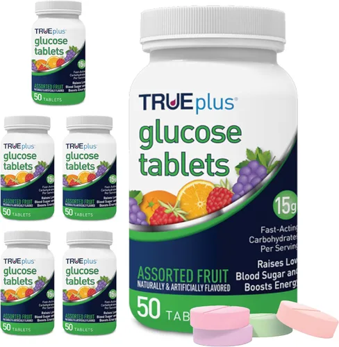 Miniatura 9 de TRUEplus® Tabletas de glucosa, sabor surtido (uva, frambuesa, naranja), botella de 50 unidades (1)
