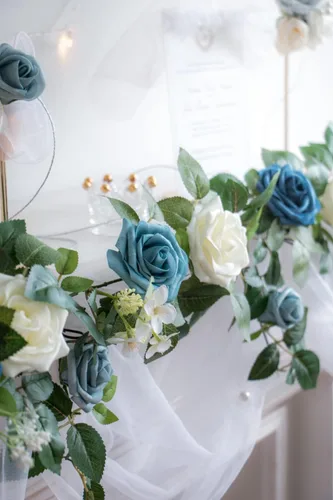 Miniatura 8 de PONATIA Guirnalda de flores artificiales de rosas hechas a mano de 5 pies, guirnalda de flores azul polvoriento y follaje para ceremonia de boda