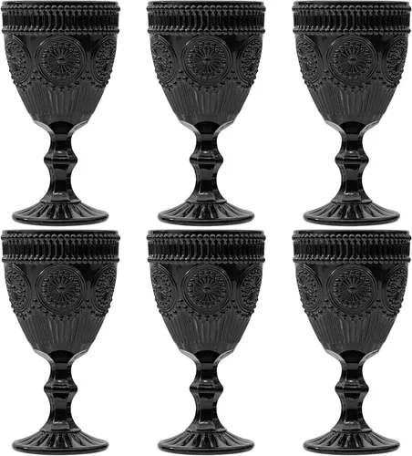 Juego de 6 copas de vino vintage negras de 10 onzas, copas de agua de vidrio de colores, diseño floral único en relieve, cristalería de tallo