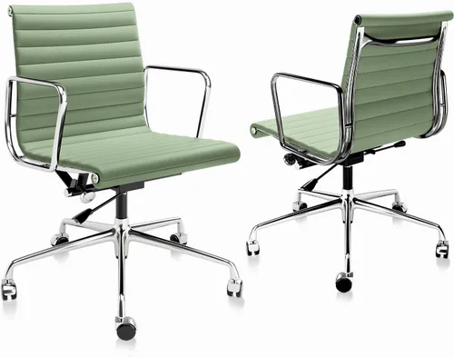 Miniatura 16 de Silla de oficina acanalada con cuero de grano superior, silla de escritorio ergonómica con respaldo alto con brazos y marco de aluminio, ruedas
