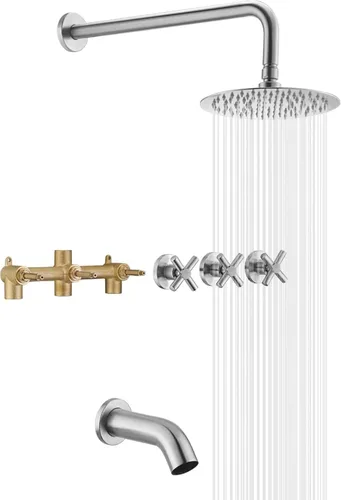 Miniatura 11 de Grifo de bañera y ducha de 3 manijas, juego de grifería de bañera negro mate con caño de cascada para bañera, kit de molduras de bañera y ducha