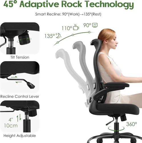 Miniatura 8 de Silla de oficina ergonómica - Silla de oficina cómoda de malla con respaldo alto con rueda de apoyo lumbar, sillas de oficina para el hogar, Negro