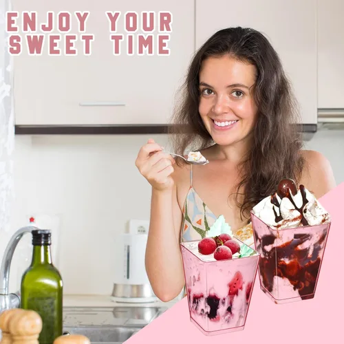Miniatura 6 de Mifoci 50 tazas de plástico de 5 onzas para postre de color rosa para fiestas, mini tazones cuadrados desechables para postre, cuencos de parfait