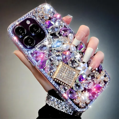 Miniatura 6 de Compatible con iPhone 13 Funda Linda con Diamantes de Imitación y Purpurina - Funda de Lujo de Diseño con Diamantes de Imitación para Mujer