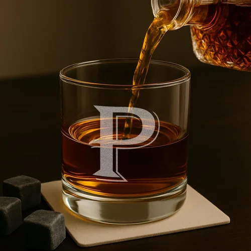 Miniatura 7 de On The Rox Drinks (P-Monogram) - Juego de 4 piezas de 11 onzas grabadas con base pesada, vasos elegantes de vidrio, multiusos, para bebidas, vasos