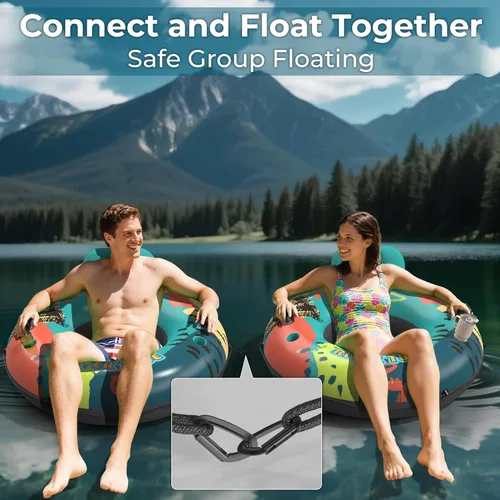 Miniatura 7 de Flotador de tubo de río resistente de 53 pulgadas para adultos, flotador inflable para piscina, lago y playa con portavasos incorporados, respaldo