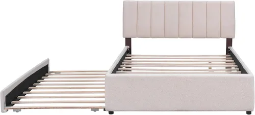 Miniatura 4 de Cama de plataforma tapizada de tamaño matrimonial con nido, cama con plataforma tapizada de vellón de peluche con soporte de listones de madera