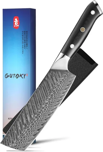 Miniatura 9 de Cuchillo Nakiri de 7 pulgadas, cuchillo de acero de Damasco con hoja de patrón de plumas, mango G10 de espiga completa, cuchillo vegetal profesional