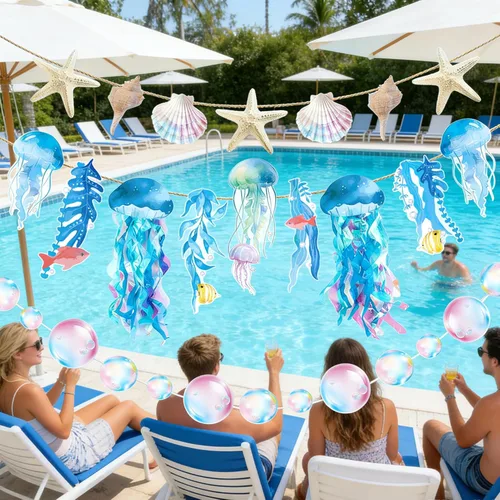 Miniatura 9 de SUNBEAUTY Guirnalda colgante de medusas de estrellas de mar con conchas de mar de 9.8 pies, guirnalda de burbujas azules para decoración