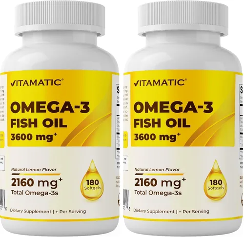 Miniatura 9 de Vitamatic Aceite de pescado Omega 3 de triple fuerza, 3600 mg por porción, 2160 mg de ácidos grasos Omega 3, 1296 mg de EPA + 864 mg de DHA, sabor a