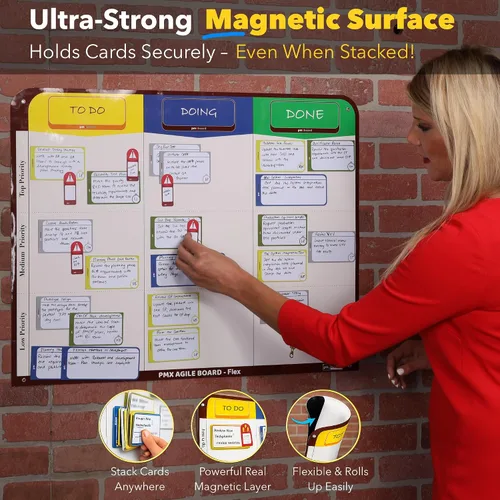 Miniatura 2 de Tablero Kanban magnético de 3 columnas, kit de pizarra blanca flexible Scrum, kit ágil, 47 tarjetas Kanban magnéticas, juego de tarjetas Scrum.